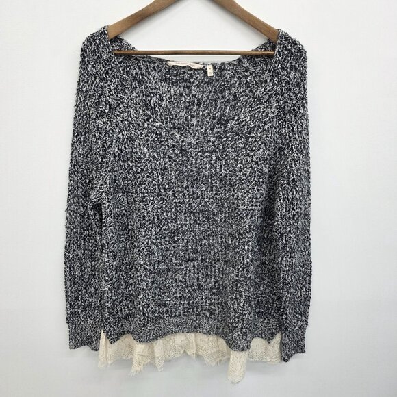 Soft Surroundings M Black White Marled Knit Lace Hem Tunic Sweater Boho Cozy - Picture 3 of 15